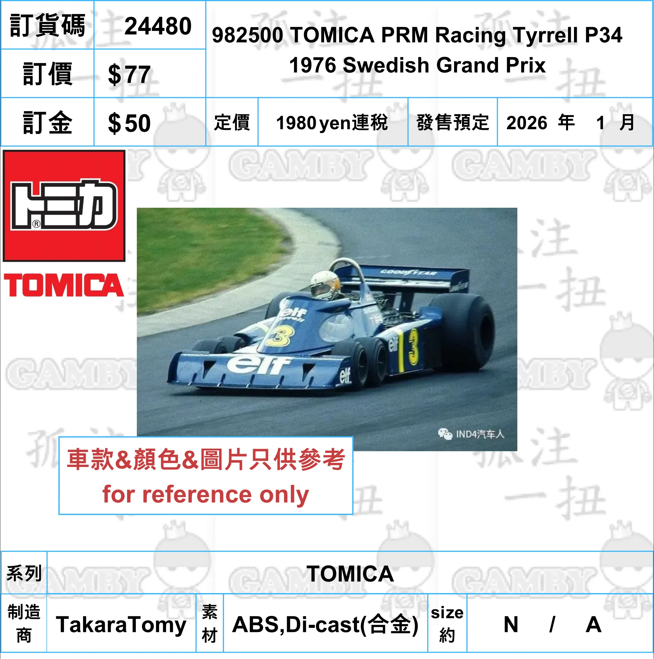 ?a:24480 <?r$77> #982500 TOMICA PRM Racing Tyrrell P34 1976 Swedish Grand Prix=TOMICA Battle Stance